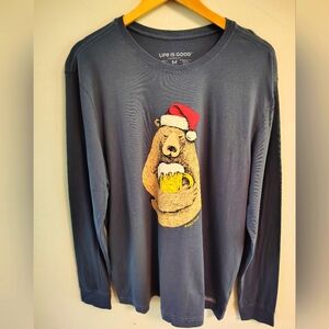 NWT Life is Good Christmas Bear long sleeve T shirt size Medium blue